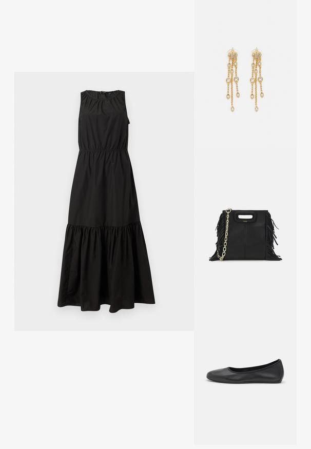 Musta ilmanhiha Dress, jossa on joustava vyötärö, kerätty pääntie ja kerroksellinen röyhelöhelma, valmistettu kevyestä kankaasta.; Musta nahkainen ballerina, jossa on pyöristetty kärki, sileä pinta, minimaalinen ommelkoristelu ja joustava pohjamuotoilu.; Musta nahkakäekott, millel on frantsiisidetailid, kuldne õlgade rihm ja lõikega käepide. Ees on logo paigutus.; Kultaketjua roikkuvat korvakorut, joissa on useita putoavia ketjuja, ja selkeitä ovaaleja rhinestone-akselteja sekä koristeelliset niittitoppaukset.