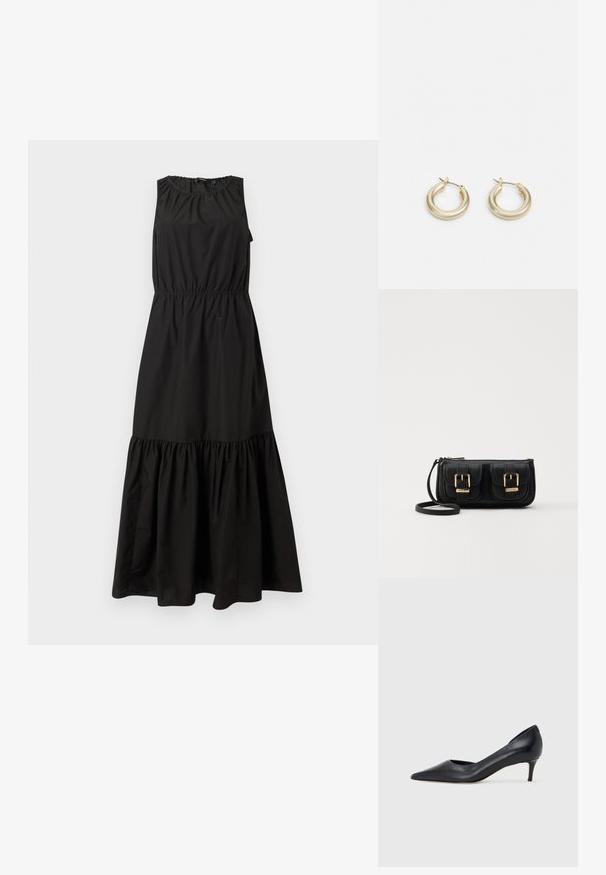 Čierne bezrukávové šaty s elastickým pásom, zhrnutým výstrihom a tierovaným, volánovým lemom, vyrobené z ľahkého materiálu.; Čierny kožený lodička s špičatou špičkou a nízkym opätkom. Má hladkú textúru a jemný lesk. Vpredu je otvorený výrez pre zvýraznenie detailu.; Čierna kožená crossbody taška s dvoma prednými vreckami, zlatými sponami, zipsovým uzatváraním a úzkym popruhom. Štruktúrovaný povrch a kompaktný obdĺžnikový tvar.; Lauren Ralph Lauren BASIC SMALL HOOP - Náušnice - gold-coloured