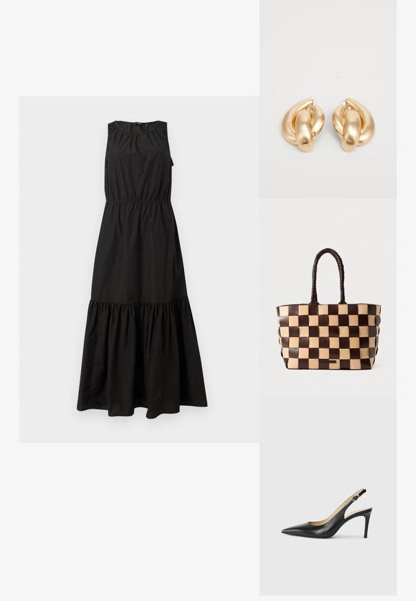 Vestido preto sem mangas com faixa elástica na cintura, decote franzido e barra em camadas com volantes, confeccionado em tecido leve.; Saltos altos slingback em couro preto, com bico fino, tira ajustável e um elegante salto stiletto, apresentando um acabamento suave.; Saco tote de couro castanho e bege com um padrão de tabuleiro de xadrez tecido e alças trançadas sobre um fundo branco.; Brincos em metal dourado com um design torcido, apresentando uma superfície lisa e brilhante e formas arredondadas. Cada um mede aproximadamente 5 cm.