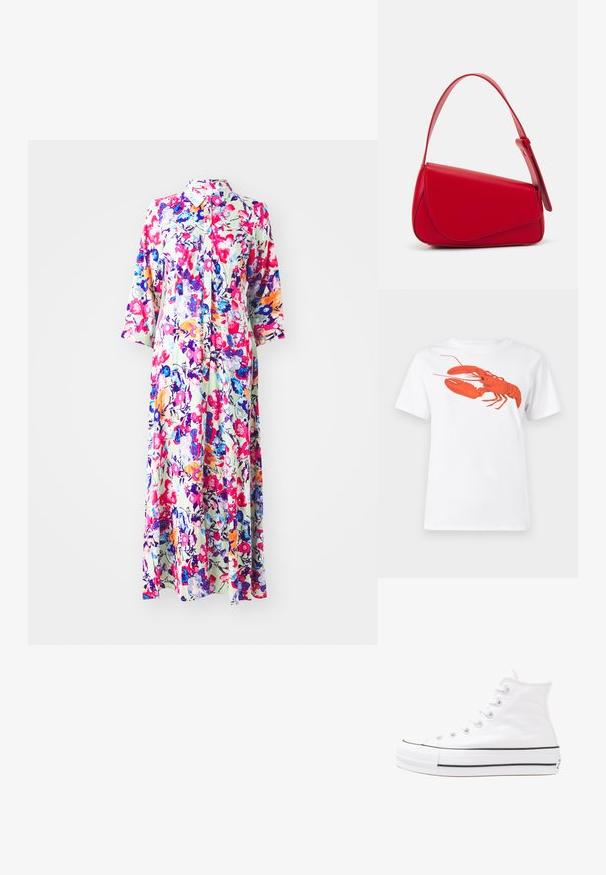Vestido maxi floral com gola, apresentando flores multicoloridas sobre um fundo claro; feito de tecido leve, tem mangas longas e fecho por botões.; Camiseta de algodão branca com um grande gráfico de lagosta vermelha brilhante na frente. Mangas curtas e design de gola redonda padrão.; Sapatilha alta de tela branca com sola de borracha preta, bico de borracha na frente e seis ilhós para os atacadores, apresentando um design limpo e minimalista.; Bolsa de mão em couro vermelho com um design angular e geométrico. Apresenta uma única alça ajustável e um fecho com aba, com detalhes cosidos.