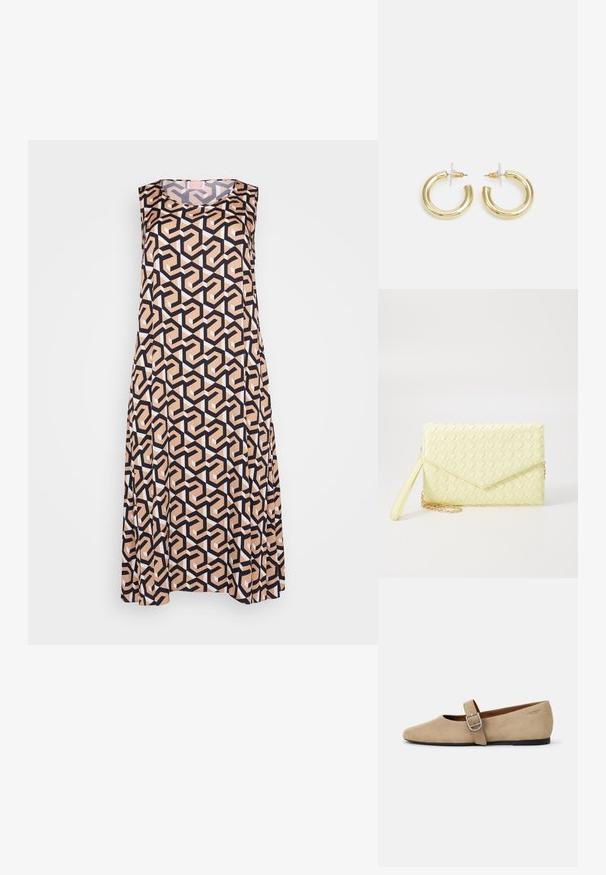 Käeaukudeta kleit, millel on geomeetriline muster mustas, beežis ja valges. Valmistatud siledast kangast, millel on lõtv lõige ja ümmargune kaelus.; Bež sametist Mary Jane korterid terava ninaga ja ühekordse reguleeritava rihmaga, millel on hõbedane sang. Must lamineeritud tall.; Kollane kudumine käekott, millel on klapp disain, eemaldatav randme rihm ja kuldne ahelakaunistus. Sile tekstuur ja ristkülikuline kuju.; Kuldne rõngassõrmused sileda ja läikiva viimistlusega. Ringikujuline disain, millel on väike post ja selge tagumine külg, et tagada kindel kandmine.