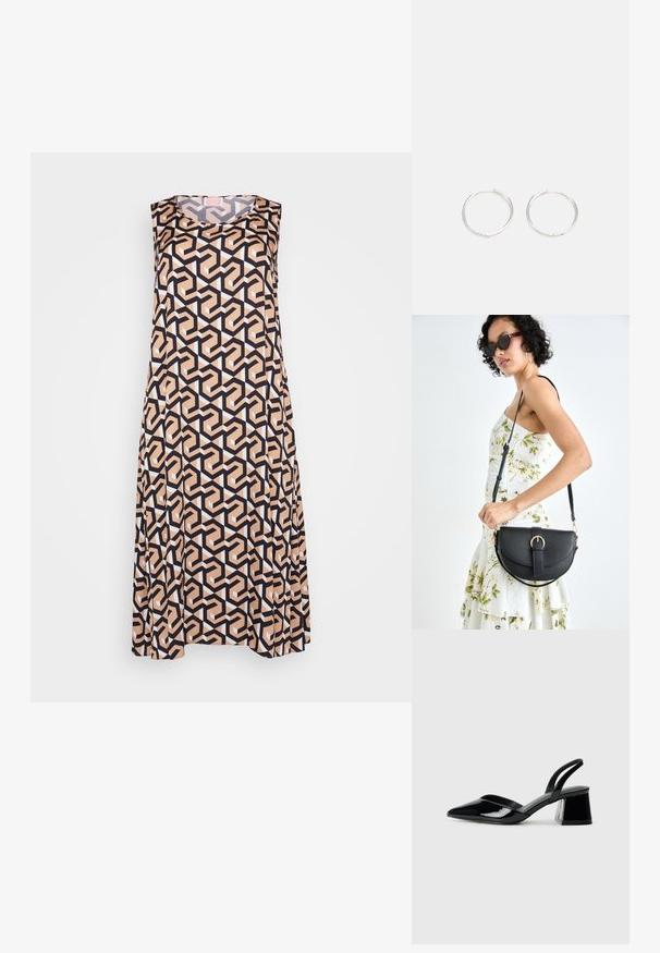 Suknelė be rankovių, dekoruota geometriniu raštu juoda, smėline ir balta spalvomis. Pagaminta iš lygaus audinio, laisvo kirpimo ir su apvaliu iškirpimu.; Juodos lakuotos odinės šlepetės su smailiu pirštu ir geometriniu bloko kulnu. Turi elegantišką, minimalistinį dizainą ir lygų paviršių.; Juodas odinis krepšys su išlenkta forma, nuimamu dirželiu ir auksiniais detalėmis. Krepšys turi kilpą su sagtimi.; Sidabrinės auskarai žiedai su sėslia, apvalia forma, pasižymintys lygia paviršiumi ir be matomų puošmenų. Svoris nenurodytas.