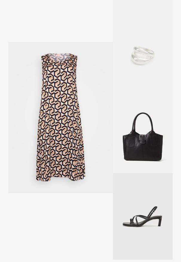 Ermeløs kjole med et geometrisk mønster i svart, beige og hvit. Laget av glatt stoff med løs passform og rund hals.; Sorte sandaler med stropper, firkantet tå og lav blokk hæl. Har flere tynne stropper og en justerbar ankelstropp. Laget av glatt lær.; Svart skinn toteveske med jevn tekstur, strukturert form, to håndtak og en fremtredende sølvspenne foran.; Sølv ring med dobbelt bånd og en glatt, polert overflate. Har et flytende, buet design med overlappende seksjoner for et moderne utseende.
