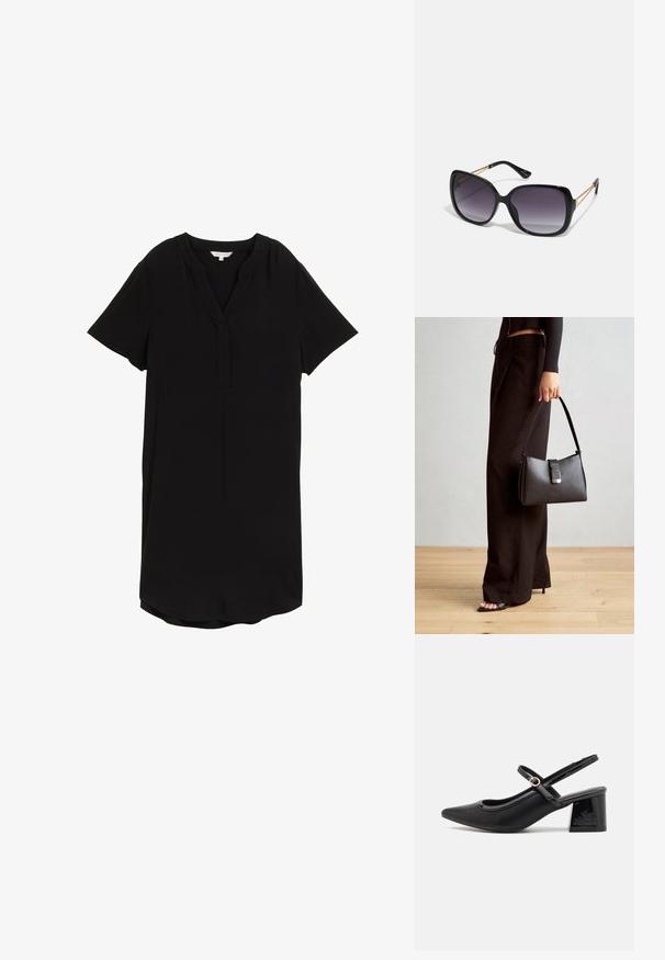 Čierne krátke šaty s krátkym rukávom z ľahkej tkaniny, s rozdeleným výstrihom a mierne zakriveným lemom pre voľný strih.; Čierne lakované kožené lodičky so slingback dizajnom, špicatou špičkou, zaobleným výrezom a blokovým podpätkom. Obsahuje akcent zlatého tónu s prackou.; Čierne oversized slnečné okuliare s gradientovými sklíčkami, hrubými rámami a zlatým retiazkovým detailom na stranách.; Čierna kabelka so štruktúrovaným tvarom, hladkou textúrou a kovovou sponou. V kombinácii so širokými čiernymi nohavicami a sandálmi s otvorenou špičkou na drevenej podlahe.
