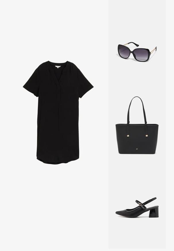 Czarna sukienka z krótkim rękawem uszyta z lekkiego materiału, z dekoltem w serek i lekko zaokrąglonym dołem dla luźniejszego kroju.; Czarne lakierowane czółenka na słupku ze spiczastym noskiem, lekko zaokrąglonym wycięciem i obcasem w kształcie bloku. Posiadają złotą klamrę jako akcent dekoracyjny.; Czarne oversize okulary przeciwsłoneczne z gradientowymi soczewkami, grubymi oprawkami i złotym łańcuszkiem na ramionach.; Czarna torba typu tote wykonana z materiału syntetycznego, z prostym prostokątnym wzorem, złotymi kwadratowymi akcentami i podwójnymi uchwytami.