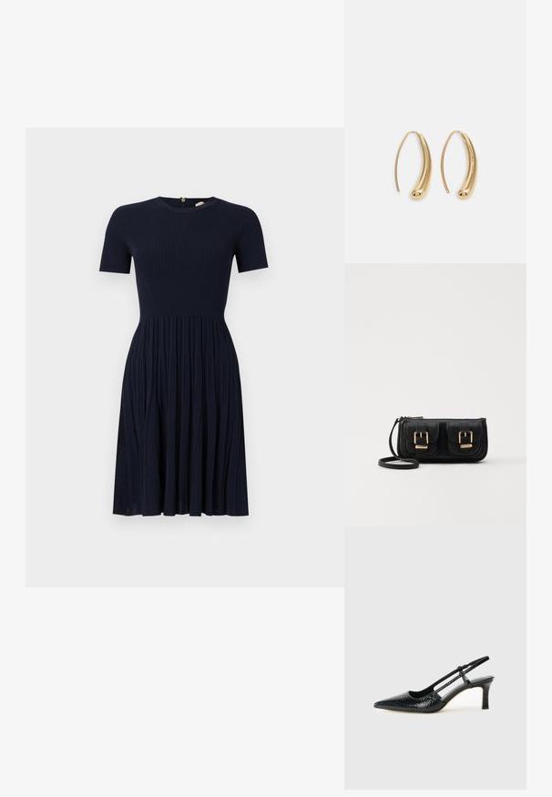 Mørkeblå ribbestrikket kjole med rund hals og korte ermer. Utsvingt skjørt med vertikale folder. Glidelås bak. Myk tekstur.; Sorte patent slingback hæl med spids tå, featuring tekstureret slangeskind, justerbar rem og en kort, tekstureret blokhæl.; Svart skinn crossbody veske med to frontlommer, gyldne spenner, glidelåslukking og en slank stropp. Teksturert overflate og kompakt rektangulær form.; Gullfargede metalløredobber med en buet, forlenget form. Har en jevn, blank overflate og en avrundet tupp for ekstra detaljer.
