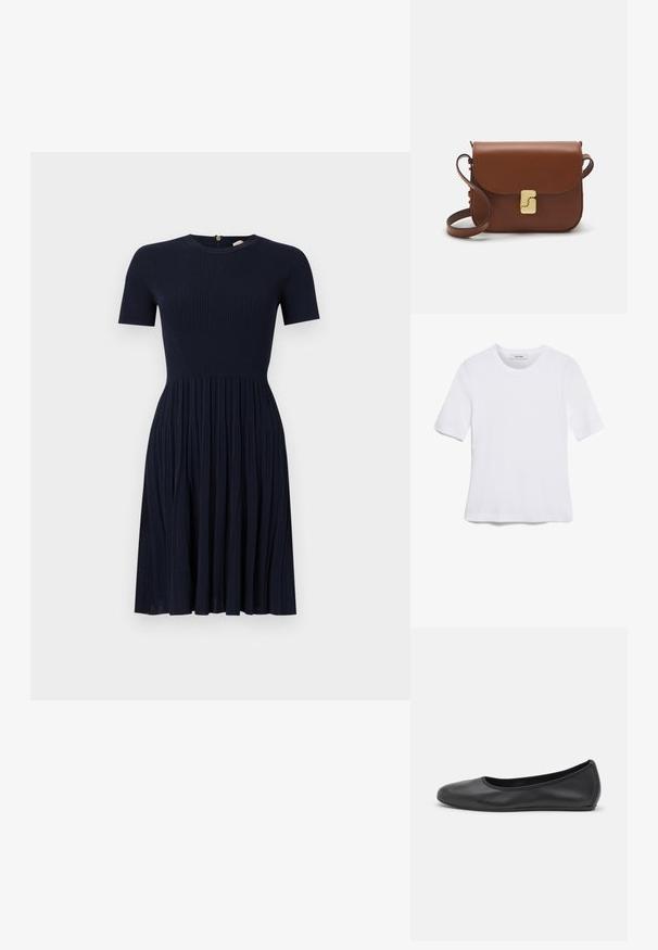 Ναυτικό μπλε ριγέ φόρεμα με στρογγυλή λαιμόκοψη και κοντά μανίκια. Φαρδύ φούστα με κάθετους πτυχώσεις. Κλείσιμο με φερμουάρ στο πίσω μέρος. Μαλακή υφή.; Άσπρο κοντομάνικο μπλουζάκι φτιαγμένο από ριγέ ύφασμα. Στρογγυλή λαιμόκοψη, κανονική εφαρμογή και διακριτές λεπτομέρειες ραφής. Χωρίς σχέδια ή γραφικά.; Μαύρο δερμάτινο μπαλαρίνι με στρογγυλή μύτη, λεία υφή, ελάχιστες λεπτομέρειες ραφής και σχεδίαση ευέλικτης σόλας.; Καφέ δερμάτινη τσάντα χειρός με κλείσιμο καπάκι, χρυσές λεπτομέρειες, ιμάντα ώμου και λεία υφή. Συμπαγές ορθογώνιο σχήμα.