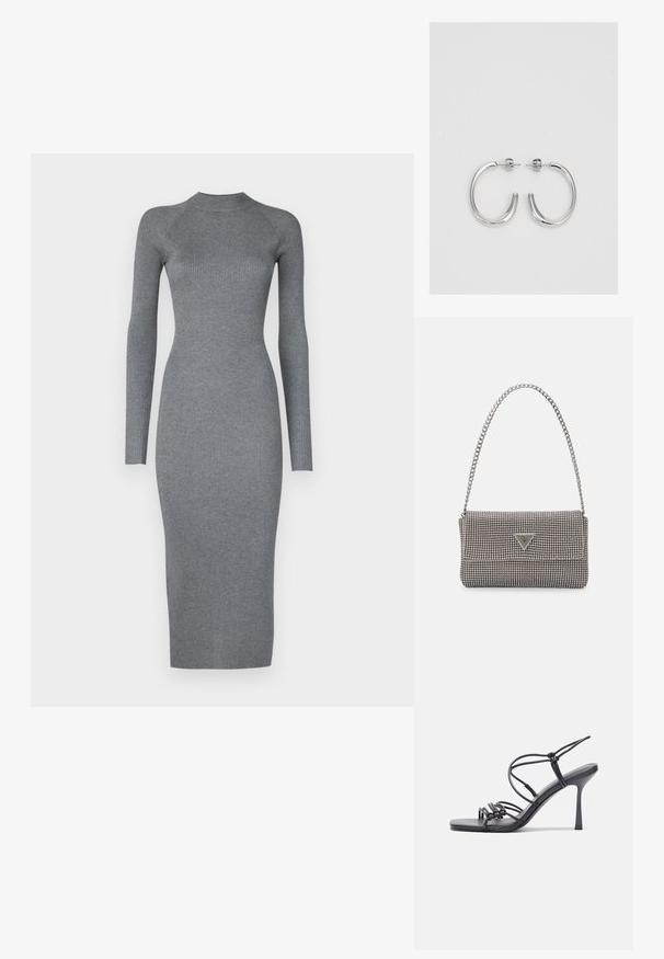Vero Moda Tall VMWILLOW DRESS - Strickkleid - medium grey; Schwarze, hochhackige Sandalen mit dünnen Riemen und einem geknoteten Design, einer glatten, rechteckigen Zehenpartie und einem eleganten Stiletto-Absatz.; Hellegraue metallische Handtasche mit einer Kettenriemen, verziert mit kleinen kreisförmigen metallic Nieten und einem dreieckigen Markenlogo.; Silberne Creolen mit einer glatten, glänzenden Oberfläche. Abgerundete Form, leichtes Design, mit einer Steckverschluss.