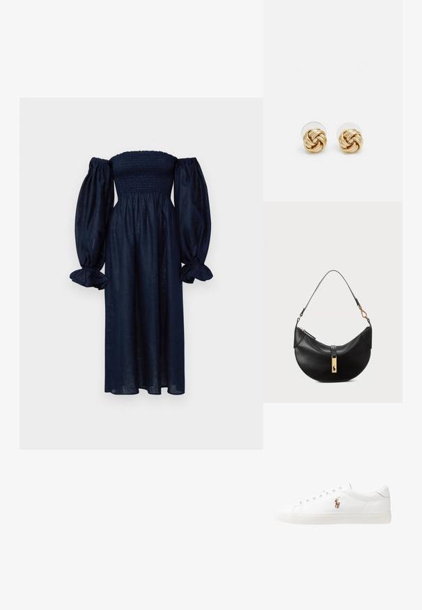 Μπλε ναυτικό φόρεμα εκτός ώμου φτιαγμένο από ελαφρύ ύφασμα. Διαθέτει smocked κορσέ και όγκες σε puff μανίκια με ριχτές μανσέτες.; Λευκά δερμάτινα sneakers, χαμηλού σχεδιασμού, με απαλή υφή, στρογγυλή μύτη, δέσιμο μπροστά και μικρό κεντημένο λογότυπο στο πλάι.; Μαύρη δερμάτινη τσάντα χειρός σε σχήμα μισού φεγγαριού. Διαθέτει χρυσή μεταλλική λεπτομέρεια και στενό λουρί. Απαλή υφή, κλείσιμο με φερμουάρ στην κορυφή.; Σκουλαρίκια σπιράλ σε χρυσό τόνο με πλεγμένο σχέδιο. Κάθε σκουλαρίκι διαθέτει κυκλική διαφανή βάση για ασφαλή εφαρμογή.