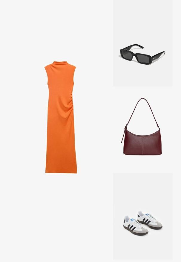 Oranžové bezrukávové šaty s vysokým límečkem, které mají boční nařasení a dlouhou, přiléhavou siluetu z měkké, pružné tkaniny.; Sportovní boty s bílým koženým svrškem, šedou semišovou špičkou a třemi černými pruhy. Obsahují modré logo na jazyku a texturovanou gumovou podrážku.; Arnette THEKIDD UNISEX - Sluneční brýle - black; Vínová kožená kabelka s zakřiveným tvarem, jediným ramenním popruhem a prošíváním ve středu. Hladký povrch, minimální kovové prvky.