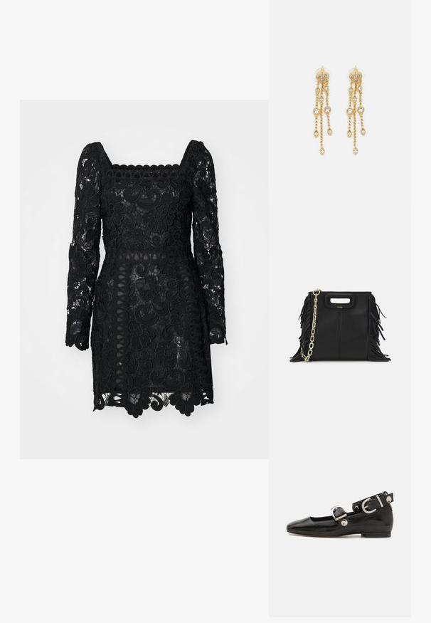 Robe en dentelle noire avec décolleté carré, manches longues, motifs floraux et ourlet festonné. Semi-transparent avec une silhouette ajustée.; Ballerine en cuir verni noir avec un bout carré, sangle de cheville avec des détails en métal argenté et semelle plate. Texture lisse avec un design minimaliste.; Sac à main en cuir noir avec des détails en franges, chaîne dorée pour l'épaule et une poignée découpée. Présente le logo sur le devant.; Boucles d'oreilles en ton or avec plusieurs chaînes en cascade, présentant des accents en strass ovales transparents et des dessus à clous décoratifs.