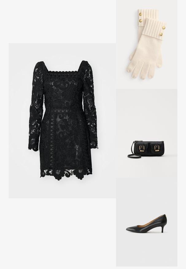 Svart spetsklänning med fyrkantig halsringning, långa ärmar, blommönster och vågig nederkant. Semi-transparent med en figurnära silhuett.; Svart läderpumps med spetsig tå, låg klack och slät yta. Har en liten öppning framtill och minimal hårdvara bak.; Svart läderaxelväska med två framfickor, guldspännen, dragkedjestängning och en smal rem. Texturerad yta och kompakt rektangulär form.; Krämfärgade ullhandskar med ribbade ärmslut, försedda med två dekorativa guldfärgade knappar vardera upptill på ärmsluten. Mjuk textur med fingeröppningar.