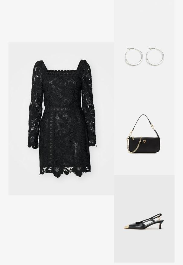 Černé krajkové šaty se čtvercovým výstřihem, dlouhými rukávy, květinovými vzory a vlnkovaným lemem. Poloprůhledné s přiléhavým střihem.; Černá kožená sandálová bota s špičatou špičkou a zlatým kovovým špičákem. Obsahuje design s výřezy a štíhlý podpatek s nastavitelným páskem.; Černá kabelka s hladkou strukturou, s zlatým řetízkovým popruhem, zipovým uzavřením a dekorativním zlatým emblémem na přední straně.; Černá kabelka s hladkou strukturou, s zlatým řetízkovým popruhem, zipovým uzavřením a dekorativním zlatým emblémem na přední straně.; Stříbrné kroužkové náušnice mají hladký, zaoblený design s tenkým profilem a bezpečným zapínáním. Minimalistický styl s lesklým povrchem.