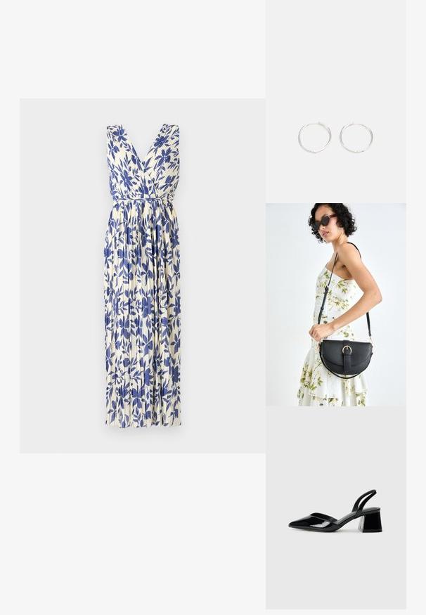 Rochie de vară florală în nuanțe de crem și albastru. Prezintă un decolteu adânc în V, fustă plisată și talie legată. Fabricată dintr-un material ușor, cu o textură fină.; Pantofi cu toc slingback din piele lacuită neagră, cu vârf ascuțit și toc geometric. Prezintă un design elegant, minimalist și o textură netedă.; Geantă din piele neagră, cu o formă curbată, curea detașabilă și accesorii aurii. Geanta are un capac cu un detaliu tip cataramă.; Cercei din argint cu un design elegant și rotund, având o suprafață netedă și fără embellismente vizibile. Diametrul nu este specificat.