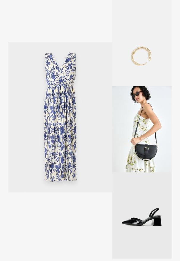 Kreemja ja sinise lilleline suvekleit. Omab sügavat V-kaela, plekitud seelikut ja lipsuga vöökohta. Valmistatud kergest kangast, millel on sile tekstuur.; Mustad musta lakknahk kingad, millel on terav varvas ja geomeetriline plokkkonts. Omab elegantselt minimalistlikku disaini ja sujuvat tekstuuri.; Mustmust mustraha kõverate joontega, eemaldatava rihmaga ja kuldsete detailidega. Kotil on klapp, millel on pandladetail.; Kuldtoonis sõrmus, millel on orgaaniline, keerdunud disain sileda tekstuuri ja kitsenevate otstega, luues kaasaegse skulptuurilise välimuse.