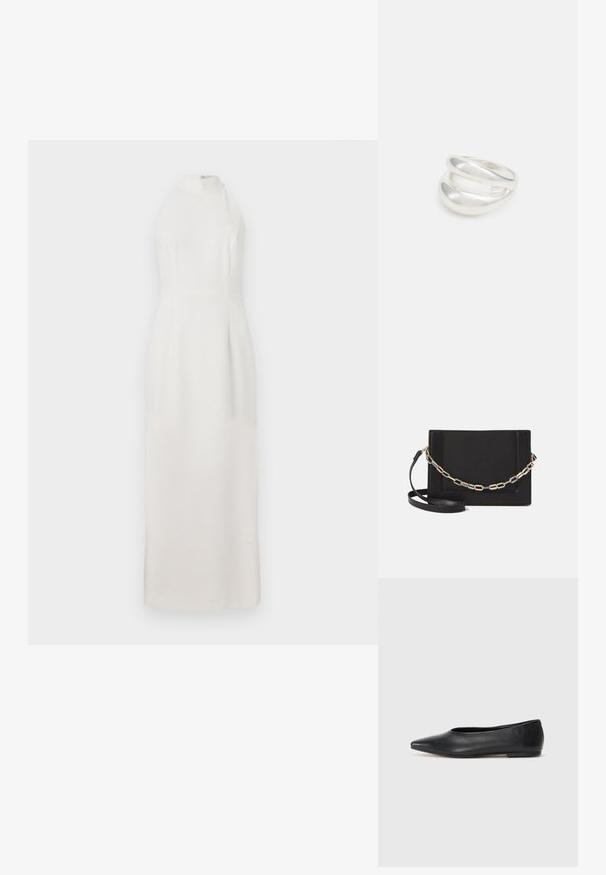 Robe blanche sans manches avec un col haut, faite en tissu lisse. Présente un corsage ajusté et une jupe fluide qui descend jusqu'au sol.; Ballerines noires en cuir, à bout pointu, design minimaliste, texture lisse, talon bas, sans matériel ni embellissements visibles.; Sac bandoulière en cuir noir avec une texture lisse, de forme rectangulaire et un détail en chaîne métallique à l'avant. Sangle réglable incluse.; Bague en argent à double bande avec une surface lisse et polie. Présente un design fluide et courbé avec des sections qui se chevauchent pour un look moderne.