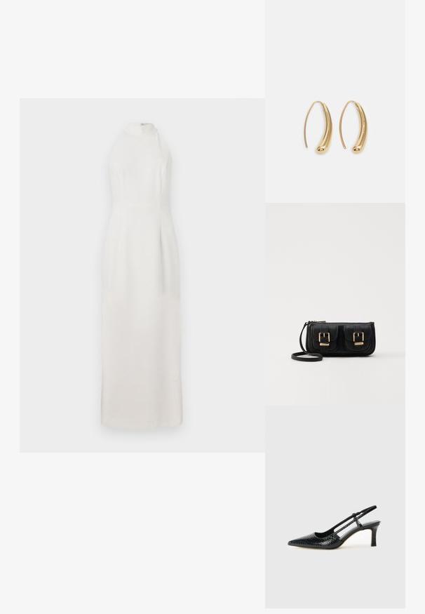 White, sleeveless dress with a high neck, made of smooth fabric. Features a fitted bodice and a flowing skirt that extends to the floor.; Black patent slingback heel with a pointed toe, featuring textured snake print, adjustable strap, and a short, textured block heel.; Black leather crossbody bag with two front pockets, gold buckles, zipper closure, and a slim strap. Textured surface and compact rectangular shape.; Gold-tone metal hoop earrings with a curved, elongated shape. Features a smooth, shiny surface and a rounded tip for added detail.