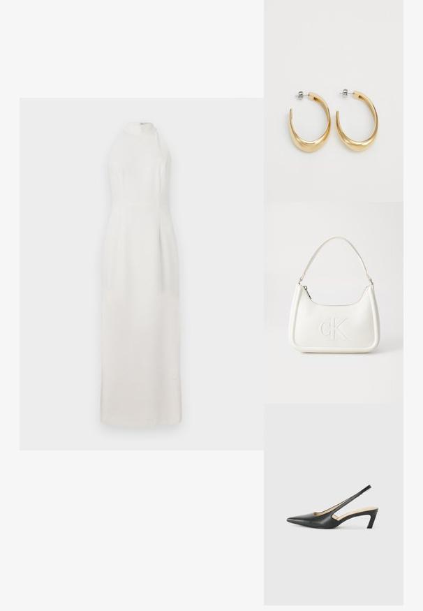 Fehér, ujjatlan ruha magas nyakkal, sima szövetből készült. Feszes, illeszkedő felsőrész és folyó szoknya jellemzi, amely a földig ér.; Fekete, hegyes orrú, slingback cipő alacsony sarkával, sima bőrből készült, oldalt kivágott deisgnal a légáteresztőképesség érdekében.; Fehér bőrtáska ívelt formájú, elöl feltűnő "CK" logóval, egyetlen vállpánttal. Cipzáras zárás a tetején.; Aranyszínű karika fülbevalók sima, ívelt dizájnnal. Fémből készültek, elegáns kivitelben, és tűzáras zárással rendelkeznek.