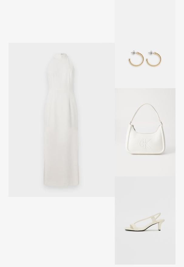 Biała, bezrękawnikowa sukienka z wysokim kołnierzem, uszyta z gładkiego materiału. Posiada dopasowaną górę i zwiewną spódnicę sięgającą do podłogi.; Beżowe sandały na blokowym obcasie z cienkimi ramiączkami i kwadratowym noskiem. Gładki materiał z minimalną ilością detali, zaprojektowane z myślą o łatwym zakładaniu.; Biała skórzana torebka o zaokrąglonym kształcie, z wytłoczonym logo "CK" z przodu i pojedynczym paskiem na ramię. Zapięcie na zamek z góry.; Złote kolczyki w kształcie obręczy z twisted rope design, srebrne zapięcia i kwadratowe akcenty. Gładkie, metaliczne wykończenie o wypolerowanym wyglądzie.