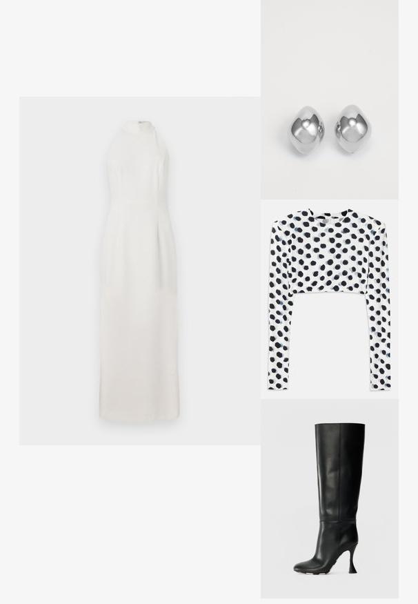 Vit, ärmlös klänning med hög krage, tillverkad av mjukt tyg. Har en figursydd överdel och en flödande kjol som sträcker sig ner till golvet.; Kortärmad topp i stretchigt vitt tyg med ett svart prickmönster, med en mjuk textur och rund halsringning.; Svarta läderknästövlar med en åtsittande skaft och spetsig tå. Har en distinkt kurvad klack och en slät texturerad yta.; Silverfärgade metallörhängen med en slät, rundad form, som har en polerad yta och reflekterande yta. Minimalistisk design utan utsmyckningar.