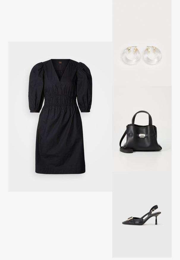 Svart klänning med uppblåsta ärmar, djup V-ringning och draperad midja. Slät tyg med avslappnad passform, knälång design. Enkel och mångsidig.; Svart läder slingback-sko med spetsig tå, smal klack och guldfärgad detalj på vampen. Slät textur och strukturerad design.; Svart läderhandväska med en texturerad yta, utrustad med två ovandelar, en avtagbar axelrem och en detalj med silverlås.; Klart akryl-hoopörhängen med guldfärgade metallaccenter och en polerad yta. Har en slät, cirkulär design.
