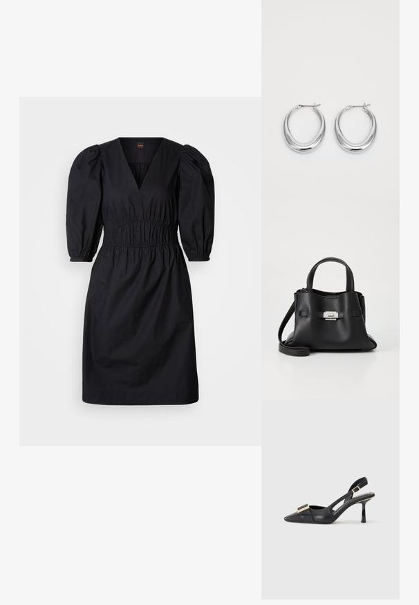 Rochie neagră cu mâneci bufante, decolteu adânc în V și talie strânsă. Material neted cu o croială lejeră, design până la genunchi. Simplă și versatilă.; Pantof cu toc slingback din piele neagră, cu vârful ascuțit, toc subțire și accente de hardware în ton de aur pe partea superioară. Textură netedă și design structurat.; Geantă de mână din piele neagră cu o finisare texturată, având două mânere superioare, o curea de umăr detașabilă și un detaliu cu închidere din argint.; O pereche de cercei din argint lucios în formă de semilună, cu închideri articulate, pe un fundal alb.