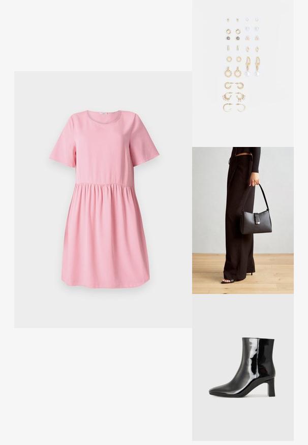 Short pink dress made of soft fabric with short sleeves, round neckline, and a gathered waistline. Smooth texture, simple design.; Black patent leather ankle boot with a pointed toe and a mid-height block heel. Smooth texture and minimalist design.; Black handbag with structured shape, smooth texture, and a metallic clasp. Paired with wide black pants and open-toe sandals on wooden floor.; Set of gold-tone earrings featuring various designs, including studs, hoops, and dangling pieces with pearls and rhinestones.