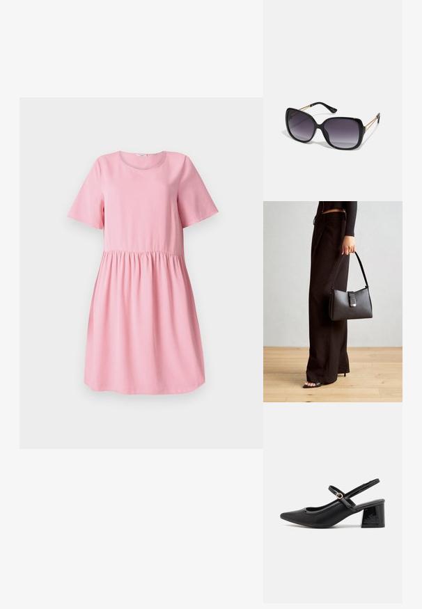 Kratka haljina ružičaste boje napravljena od mekanog materijala s kratkim rukavima, okruglim izrezom i naboranim strukom. Glatka tekstura, jednostavan dizajn.; Crne lakirane slingback visoke potpetice s šiljastim vrhom, zaobljenim izrezom i blok potpeticom. Sadrži akcent zlatnog tona s kopčom.; Crne prevelike sunčane naočale s gradijentnim lećama, debelim okvirom i zlatnim lancem kao detaljem na krakovima.; Crna torba s oblikom koji sadrži strukturu, glađu teksturu i metalnu kopču. Uparena s širokim crnim hlačama i sandalama na otvorenom s drvenog poda.