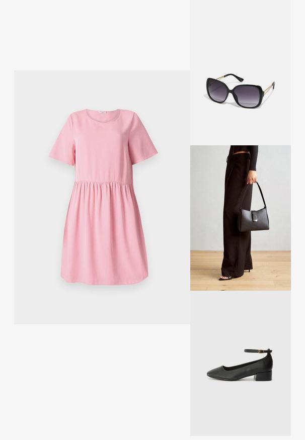 Trumpas rožinis suknelė, pagaminta iš minkštos medžiagos, su trumpomis rankovėmis, apvaliu iškirpimu ir susiraukšlėtu liemeniu. Lygi tekstūra, paprastas dizainas.; Juodas odinis aukštakulnis batelis su smailiu pirštu ir žemu bloku. Su kulkšnies dirželiu su auksinės spalvos sagtimi. Lygus paviršius.; Juodos didelės saulės akinių su pereinamais objektyvais, storomis rėmeliais ir auksinės spalvos grandinėmis ant šventyklų.; Juodas rankinė struktūrizuota forma, lygi tekstūra ir metalinis užsegimas. Suporuota su plačiomis juodomis kelnėmis ir atvirais bateliais ant medinių grindų.