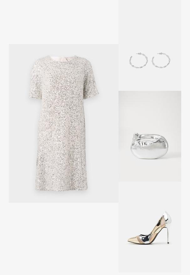 Kratka haljina s kratkim rukavima u sjajnim srebrnim šljokicama, s okruglim izrezom i slobodnim krojem, s unutarnjom podstavom za udobnost.; Cipele s visokom potpeticom i špicastim vrhom u srebrnoj, zlatnoj i nude boji. Sjajan finiš s izrezbarenim dizajnom, s potpeticom u obliku stiletto.; Srebrna metalik torbica s mekim, zaobljenim oblikom i čvorastim zatvaranjem na vrhu. Izrađena od glatke sintetičke kože.; Srebrne naušnice s obručima i uvijenim dizajnom, s poliranim završetkom i pričvršćivanjem na stražnjoj strani. Mjere otprilike 3 cm u promjeru.