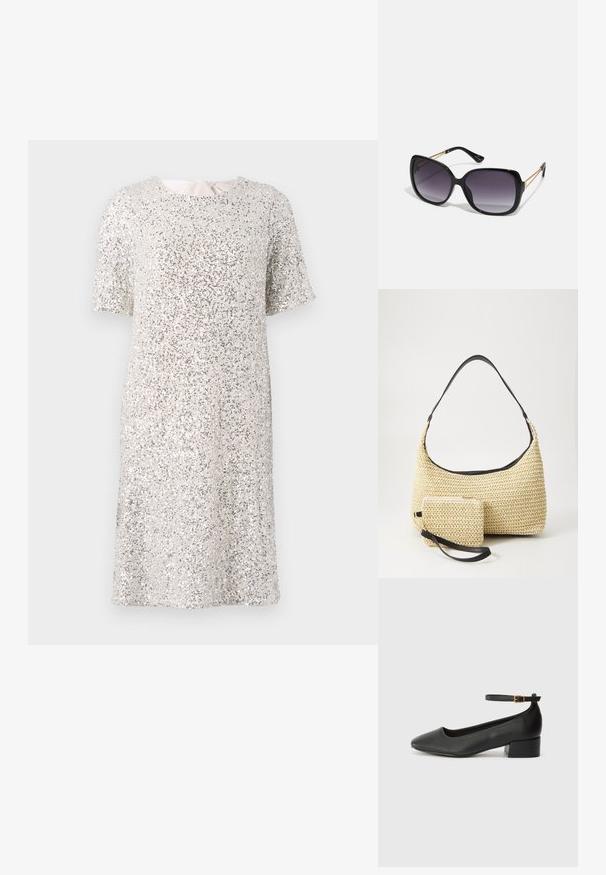 Rövid ujjú ruha fényes ezüst flitterekkel, lekerekített nyakkivágással és laza szabással, belső béléssel a kényelem érdekében.; Fekete bőr magassarkú cipő hegyes orral és alacsony tömb sarkal. Bokapánttal rendelkezik, aranyszínű csattal. Simább textúra.; Fekete, oversize napszemüveg fokozatos árnyalatú lencsékkel, vastag kerettel és arany színű lánc díszítéssel a szárakon.; Fonott szalmakézi táska ívelt sziluettel, sima fekete bőrszíjjal és egy hozzá illő, csuklószíjjal rögzített kis tasakkal.