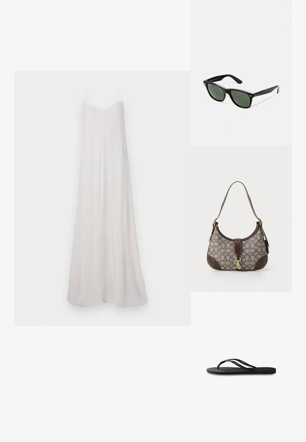 Lang, weiß, ärmelloses Kleid aus leichtem Stoff. Es hat einen V-Ausschnitt, eine fließende Silhouette und eine subtile Farbverlauf-Textur.; Schwarze Flip-Flops mit einer strukturierten Gummisohle, zwei schlanken Riemen und einem dezenten, geprägten Logo-Detail auf dem Riemen.; Schwarze Plastiksonnenbrille mit grünen Gläsern, quadratischen Rahmen, silbernem Akzent auf der Augenbraue und strukturierten Bügeln. Angegebene Marke auf dem inneren Bügel.; COACH HAMPTONS HOBO BAG IN SIGNATURE JACQUARD - Handtasche - oak maple