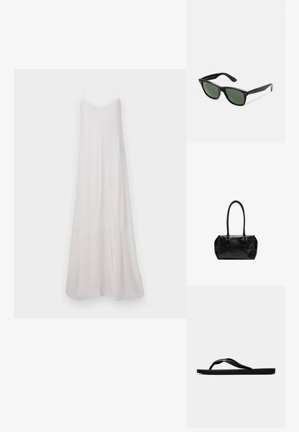 Lang, weiß, ärmelloses Kleid aus leichtem Stoff. Es hat einen V-Ausschnitt, eine fließende Silhouette und eine subtile Farbverlauf-Textur.; Schwarze Gummi-Flip-Flop-Sandale mit einem strukturierten Riemen und einfacher flacher Sohle, von der Seite auf einem schlichten hellen Hintergrund dargestellt.; Schwarze Plastiksonnenbrille mit grünen Gläsern, quadratischen Rahmen, silbernem Akzent auf der Augenbraue und strukturierten Bügeln. Angegebene Marke auf dem inneren Bügel.; Liebeskind Berlin KAYLA SATCHEL - Handtasche - schwarz