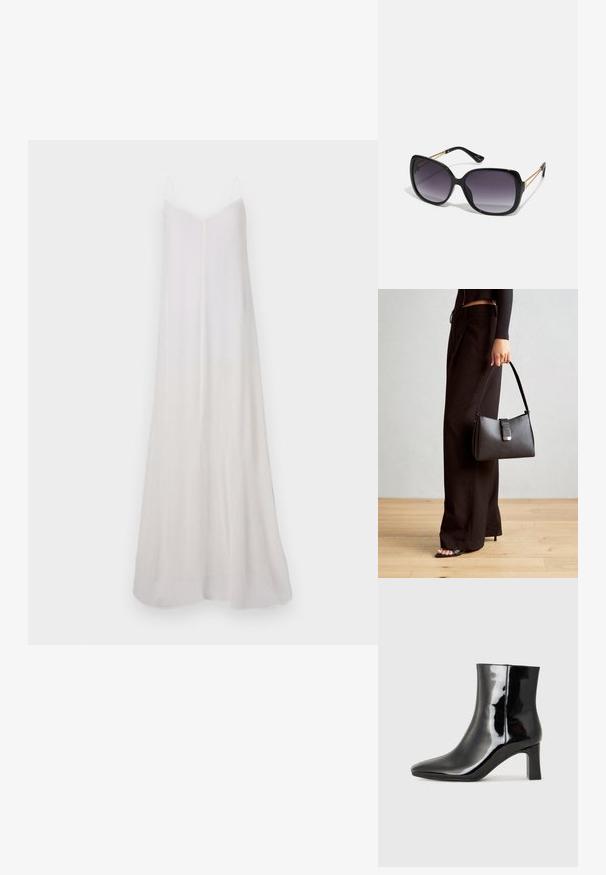 Robe longue, blanche, sans manches, fabriquée en tissu léger. Elle présente un décolleté en V, une silhouette fluide et une texture dégradée subtile.; Bottines en cuir verni noir avec un bout pointu et un talon block de hauteur moyenne. Texture lisse et design minimaliste.; Lunettes de soleil noires surdimensionnées avec des verres dégradés, monture épaisse et détails en chaîne dorée sur les branches.; Sac à main noir à la forme structurée, texture lisse et fermoir métallique. Associé à un pantalon noir ample et des sandales ouvertes sur un sol en bois.
