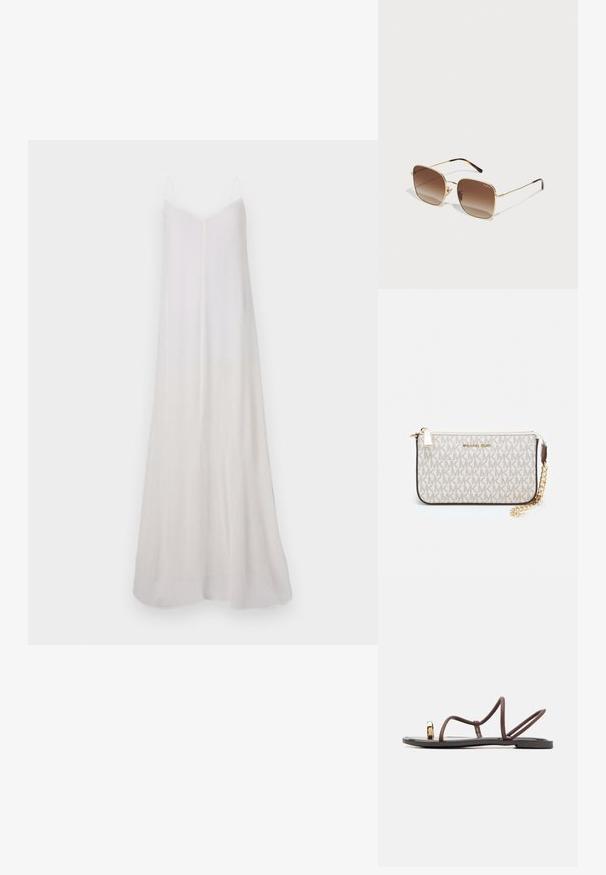 Lang, wit, mouwloos jurkje gemaakt van lichte stof. Het heeft een V-halslijn, een vloeiende silhoët en een subtiele kleurverlooptextuur.; Bruine platte sandalen met meerdere slanke banden, een teugel en een gouden accent. De zool is plat en heeft een gladde afwerking.; Gouden metaal zonnebril met een vierkant montuur, bruine gradient lenzen en schildpaddenprint details op de veren. Lichtgewicht ontwerp.; Michael Kors polsbandje in beige gecoate canvas met een herhaald MK-logo patroon, gouden hardware en een afneembare kettingriem.