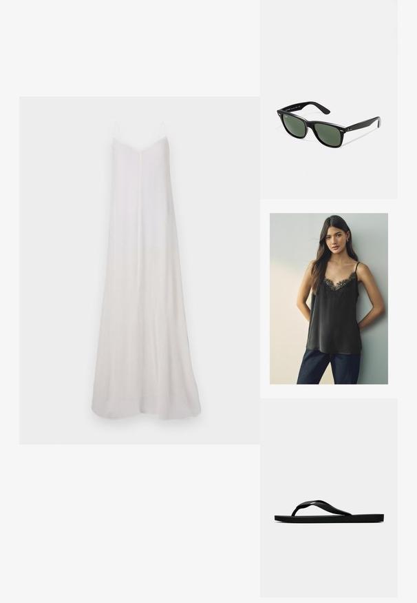 Robe longue, blanche, sans manches, fabriquée en tissu léger. Elle présente un décolleté en V, une silhouette fluide et une texture dégradée subtile.; Camisole en satin noir avec un décolleté en V en dentelle et des bretelles fines, portée avec un jean bleu foncé, sur un fond neutre.; Tong sandale en caoutchouc noir avec une bride en T texturée et une semelle plate simple, montrée de côté sur un fond clair.; Lunettes de soleil en plastique noir avec verres verts, monture carrée, accent argenté sur le sourcil et branches texturées. Marque indiquée sur l'intérieur de la branche.