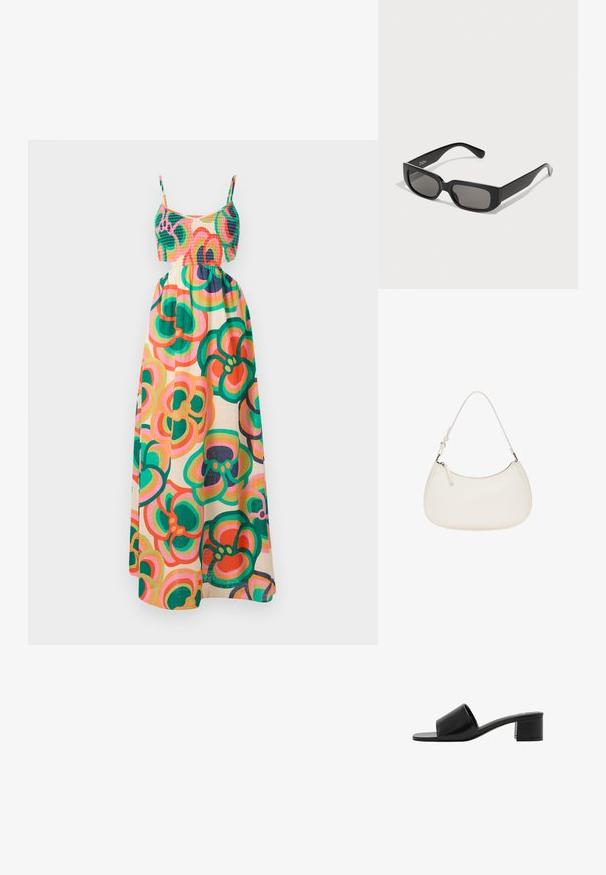 Maxi šaty s nařaseným živůtkem, tenkými ramínky a květinovým vzorem v zelené, růžové a oranžové na krémovém pozadí. Lehká látka.; Černé otevřené sandály na klínku z kůže s širokým páskem a pevným blokovým podpatkem. Mají hladkou strukturu a minimalistický design.; Černé obdélníkové sluneční brýle s šedými zabarvenými skly, vyrobené z hladkého plastu. Vyznačují se minimalistickým designem s rovnými nohami a jemným brandingem.; Bílá kožená kabelka s křivkovým tvarem, nastavitelným popruhem a uzavíráním na zip na vrchu. Hladký povrch s minimem kovových detailů.