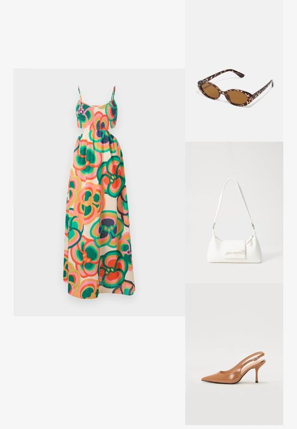 Maxi ruha smocked bodiccsel, vékony pántokkal, zöld, rózsaszín és narancssárga virágmintával, krém alapon. Könnyű anyag.; Fingerszűk, hegyes orrú, háttámlás sarokcipő sima, fényes barnás anyagból. Íves kivágású dizájn és karcsú stiletto sarkú. Ezüst csattal ellátva.; Teknősbéka mintás napszemüveg, ovális lencsékkel, barna árnyalatú, vékony karokkal, amelyek texturált mintával rendelkeznek, könnyű műanyag keret.; Fehér szintetikus kézitáska, háromszög alakú, lapos előlap, masni részlettel, állítható pánttal, sima textúrával és minimalista dizájnnal.