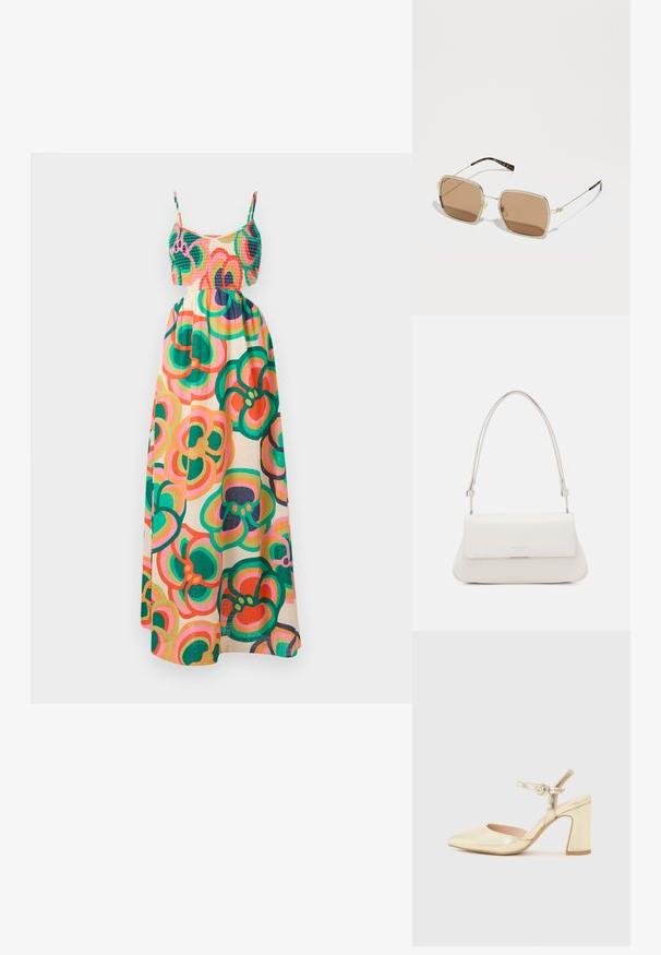 Maksikleita ar smockotu korpusu, plānām siksnām, ziedu raksts zaļā, rozā un oranžā krāsā uz krēmkrāsas fona. Gaisīga auduma.; Zelta metāla augstpapēžu kurpes ar norādītu purngalu, potītes siksniņu ar apaļo aizdari un masīvu papēdi. Gluda tekstūra.; Zelta metāla saulesbrilles ar kvadrātveida formu, brūnām tonētām lēcām un smalkiem zaļiem un sarkaniem uzsvariem uz rāmja. Plānas, gludas kājas.; Balts ādas plecu soma ar saliektu priekšējo vāku, izliekta forma un regulējama siksna. Priekšpusē ir diskrēts logo.