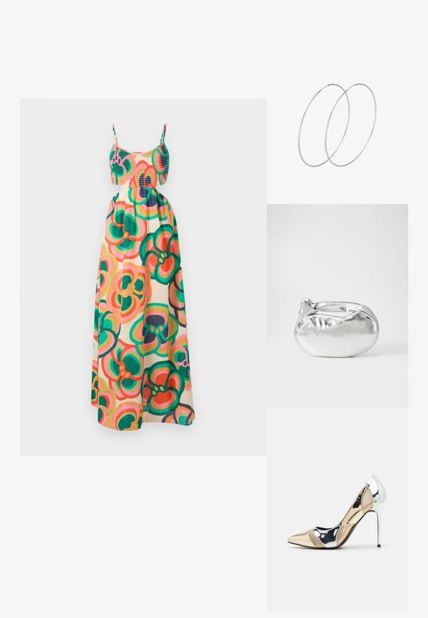 Maxi kjole med smocked bodice, tynde stropper, blomster mønster i grøn, pink og orange på en cremet baggrund. Letvægts stof.; Spidse højhælede sko med et farveskema i sølv, guld og nude. Blank finish med udskæringsdesign, der har en stilletto hæl.; Sølvmetallic pose med en blød, rund form og en knyttet lukning foroven. Fremstillet af glat faux lædermateriale.; Sølvøreringe med et minimalistisk design. Cirkulær form, glat tekstur og tynd profil. Letvægtige med en poleret overflade.