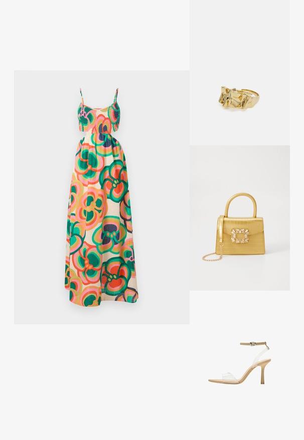 Maxi sukienka z marszczonym gorsetem, cienkimi ramiączkami, kwiatowym wzorem w odcieniach zieleni, różu i pomarańczu na kremowym tle. Lekki materiał.; Przezroczysta sandał z obcasem, z przezroczystą cholewką, beżową wkładką i smukłym paskiem w okolicy kostki. Posiada spiczasty czubek i cienki wysoki obcas.; Żółta torebka z faux-krokodylka o wyrafinowanej konstrukcji, z górnym uchwytem, odpinanym łańcuszkiem oraz dekoracyjnym kryształowym zdobieniem na zapięciu.; Złoty pierścionek o teksturowanym, falistym wzorze z trzema wyraźnymi szczytami. Gładka, błyszcząca powierzchnia z otwartą obrączką dla regulowanego dopasowania.