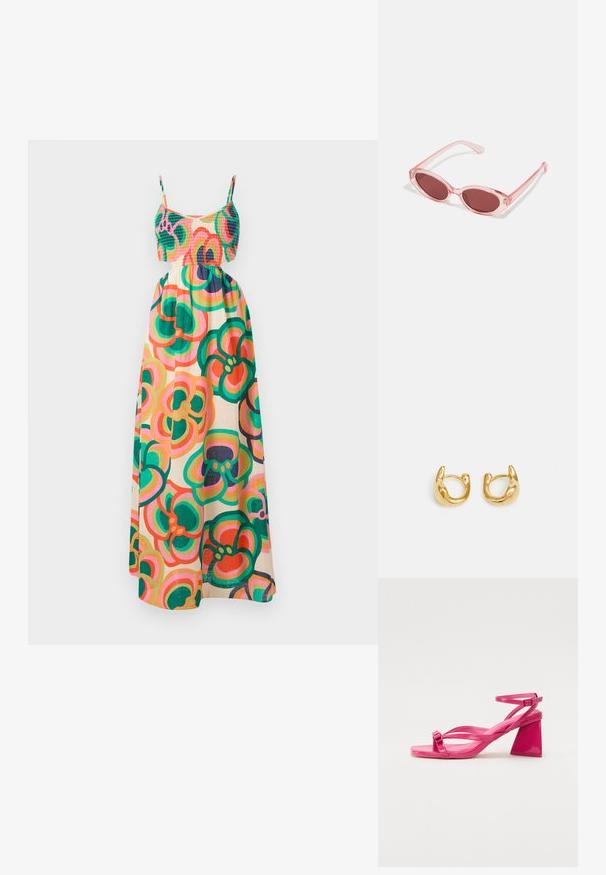 Robe maxi avec un corsage smocké, fines bretelles, motif floral en vert, rose et orange sur un fond crème. Tissu léger.; Sandales à talons en cuir verni rose avec un bout carré, des brides étroites et un talon bloc géométrique. Comprend un détail de boucle sur la bride.; Lunettes de soleil transparentes roses avec des verres ovales, teintés d'un rouge foncé, et des branches fines, présentant une finition lisse et des détails subtils sur la monture.; Boucles d'oreilles en or présentant un design lisse et arrondi avec une finition polie. Les boucles ont une forme compacte et chunky, et un fermoir sans couture.