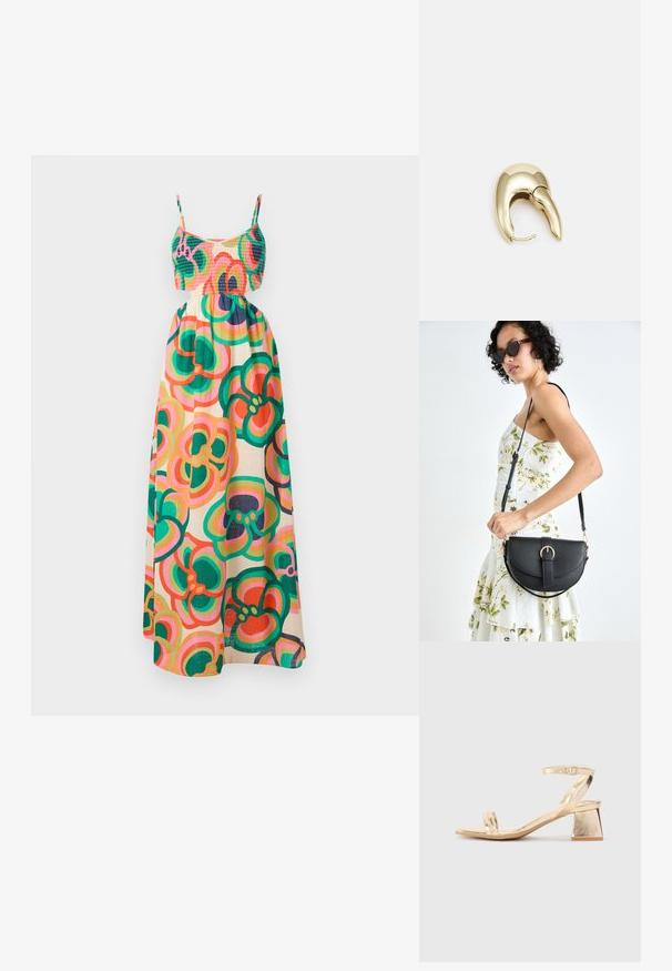 Vestido maxi con cuerpo fruncido, tirantes finos, patrón floral en verde, rosa y naranja sobre un fondo crema. Tela ligera.; Sandalia de tacón metálica dorada con un tacón de bloque angular, dos correas sobre el pie y una correa ajustable en el tobillo. Textura suave.; Bolso de piel negra con forma curva, correa desmontable y herrajes dorados. El bolso cuenta con una solapa con un detalle de hebilla.; Pendiente de metal en tono dorado con un diseño elegante y curvado. Presenta una forma puntiaguda distintiva, superficie pulida y cierre de bisagra.