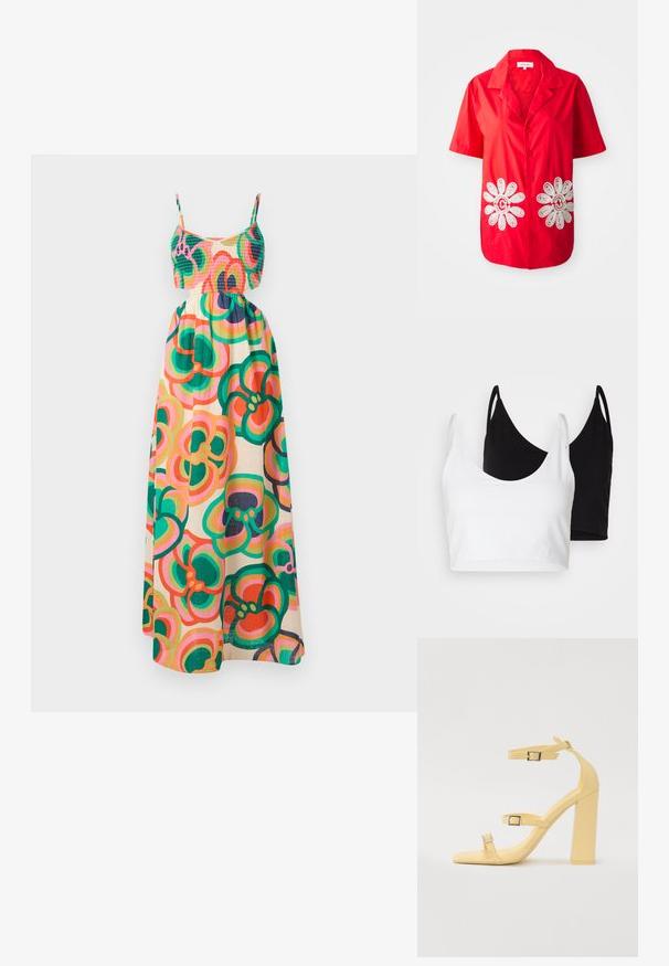 Maxi kjole med smocked bodice, tynde stropper, blomster mønster i grøn, pink og orange på en cremet baggrund. Letvægts stof.; To bomulds crop tops i hvid og sort. Hver har en dyb udskæring og tynde skulderstropper, der har en glat, blød tekstur.; Rød kortærmet skjorte lavet af bomuld, med hvid blomsterbroderi på forsiden, en spidse krave og frontknapper.; Gule blokhælede sandaler med tre justerbare remme, firkantet tådesign, glat syntetisk materiale og sølvfarvede spænder.