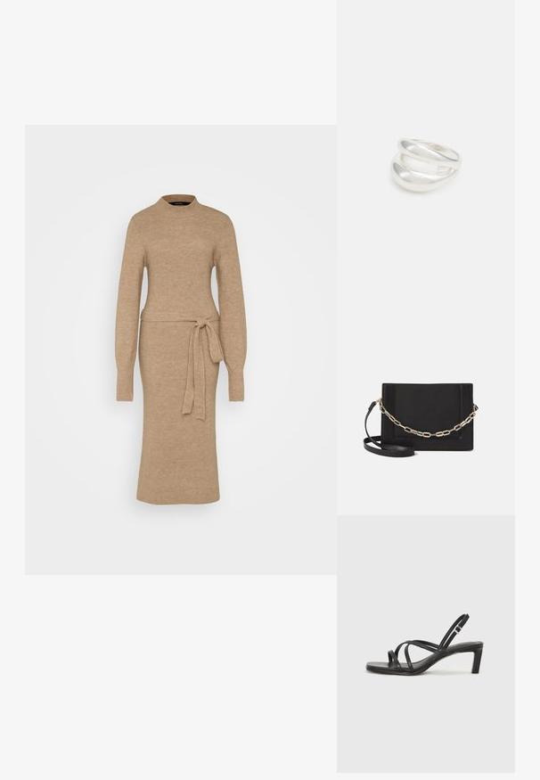 Bežinė mezgininė suknelė su aukštu kaklu, ilgomis rankovėmis ir diržu ant juosmens. Įvairi tekstūra su kaspinais visame paviršiuje. Vidutinio ilgio dizainas.; Juodi šlepetės su kvadratiniu pirštu ir žemu bloku kulnu. Yra keli ploni dirželiai ir reguliuojamas kulkšnies diržas. Pagaminti iš lygios odos.; Juodas odinis per petį nešiojamas krepšys turi lygų paviršių, stačiakampio formą ir metalinę grandinėlę priekyje. Pridedama reguliuojama dirželis.; Sidabrinis dvigubas žiedas su lygiu, poliruotu paviršiumi. Pasižymi sklandžiu, kreiptu dizainu su persipinančiomis dalimis, suteikiančiomis modernų išvaizdą.