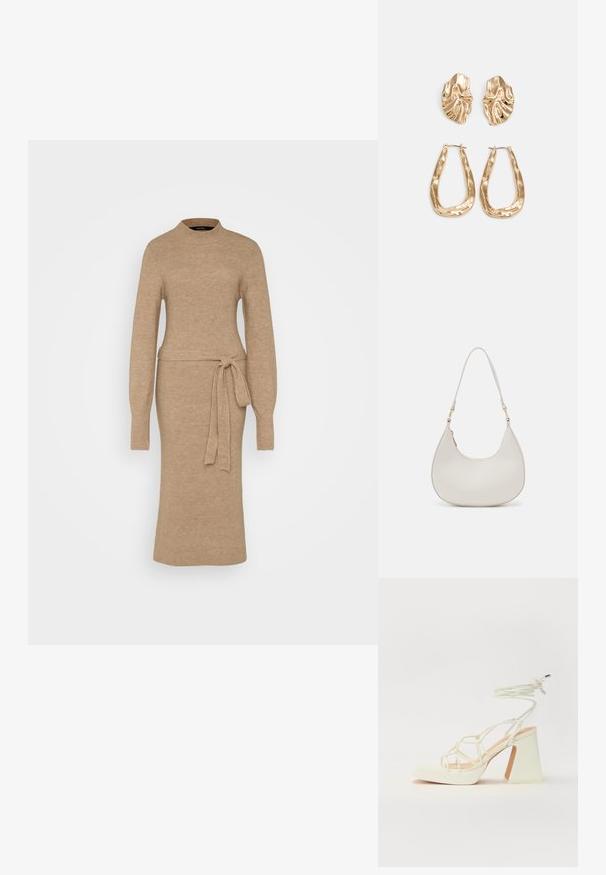 Vestido de malha em bege com gola alta, mangas longas e cintura cingia. Apresenta uma textura canelada em todo o design. Modelo de comprimento intermédio.; Sandálias brancas de salto alto com um salto robusto, apresentando um design com tiras e amarração no tornozelo. Textura suave com uma plataforma na frente para altura adicional.; Saco de ombro em pele creme com formato de crescente, alça fina e detalhe de costura subtil. Design minimalista com acabamentos em metal dourado.; Brincos em tom de ouro com formas onduladas e texturizadas. Inclui studs escultóricos com presilha e um design de argola aberta com um acabamento martelado.