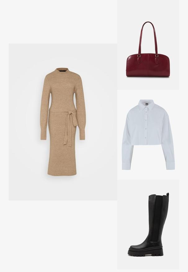 Beige kötött ruha magas nyakkal, hosszú ujjakkal és övvel a deréknál. Az egész szövet bordázott textúrával rendelkezik. Félhosszú kialakítás.; Rövidített fehér ing, hegyes gallérral, hosszú ujjakkal és sima textúrával. Elöl gombos záródás, az inghez illő gombokkal.; Fekete, térd fölé érő csizma sima bőrből, rugalmas oldalsó panelekkel, masszív platform talppal, és bordázott textúrával az alján.; Zign LEATHER - Kézitáska - dark red