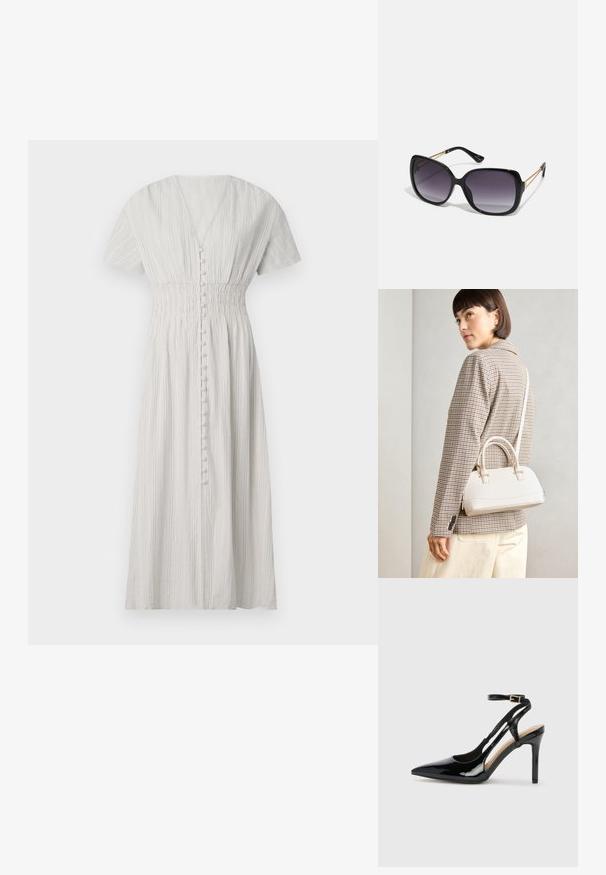 Abito grigio chiaro, lungo fino al ginocchio, con scollatura a V, maniche corte e vita arricciata. Presenta righe verticali e dettagli con bottoni lungo la parte anteriore.; Scarpa con tacco alto in vernice nera, cinturino alla caviglia regolabile e punta affilata, con lati aperti. Texture liscia.; Occhiali da sole neri oversize con lenti sfumate, montatura spessa e dettagli in catena dorata sulle astine.; Borsa a mano bianca strutturata con manici corti e tracolla, dotata di dettagli in metallo dorato e materiale testurizzato, esposta su uno sfondo grigio.