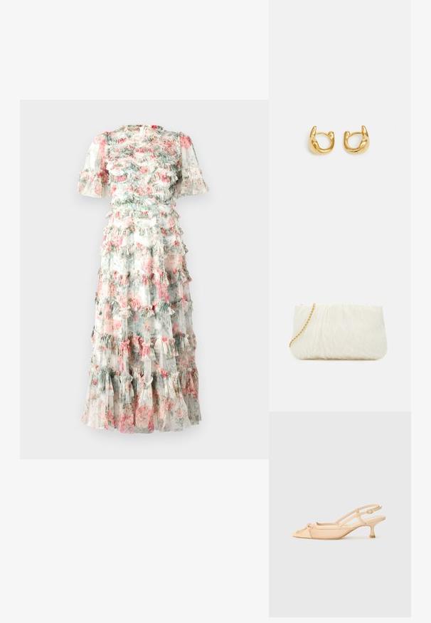 Needle & Thread FLORAL ROMANCE ROUND NECK BALLERINA DRESS - Roupa de cerimónia - moonshine; Stuart Weitzman KITTY - Saltos clássicos - beige/barely beige; Bolsa de mão branca texturizada com um design franzido, apresentando uma alça de corrente dourada. Acabamento liso com ondulações subtis e bordas arredondadas.; Brincos de argola em ouro com um design suave e arredondado, com um acabamento polido. Os brincos têm uma forma compacta e robusta, com um fecho sem costuras.