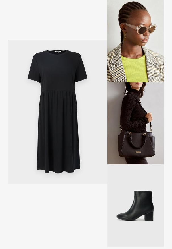 Crna haljina kratkih rukava s okruglim izrezom, koja ima uski korzet i lepršavu suknju ispod koljena. Izrađena od mekog materijala.; Crne kožne čizme do članaka s uskim vrhom i debelim potplatom. Glatka tekstura s minimalnim detaljima i elegantan, prilagođen dizajn.; Prozirne mačkaste sunčane naočale s smešnim lećama i transparentnim okvirom. Manekenka nosi zeleni rebrasti top i karirani blejzer. Zlate kružne naušnice.; Crna torba s teksturiranom površinom, dvostrukim gornjim ručkama i podesivom remenom za rame. Ima zlatne metalne detalje i bočne džepove.